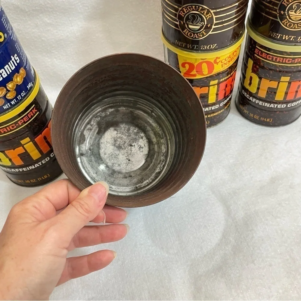 Vintage coffee cans from the 70s Brim, Maxwell House, Planters Peanuts 7 pieces